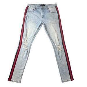 Serenade Jeans Mens 36 (34x31) Red Black Side Stripe Distressed Skinny Denim